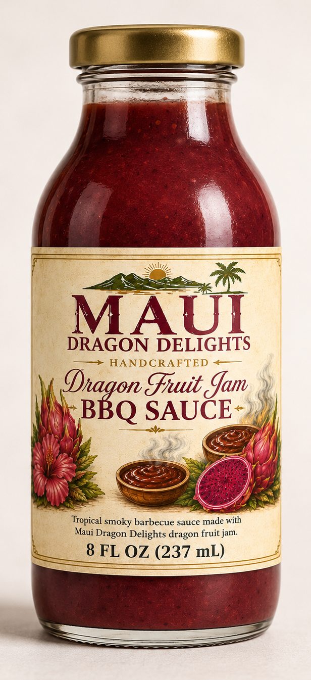 The 8 fl oz bottle of Dragon Fruit Jam BBQ Sauce, deep ruby brown behind a parchment label with hibiscus and two bowls of sauce.