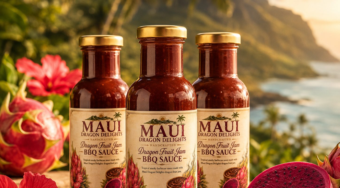 Three bottles of Dragon Fruit Jam BBQ Sauce on a weathered board with hibiscus, whole and halved dragon fruit, and the Maui coastline behind them.