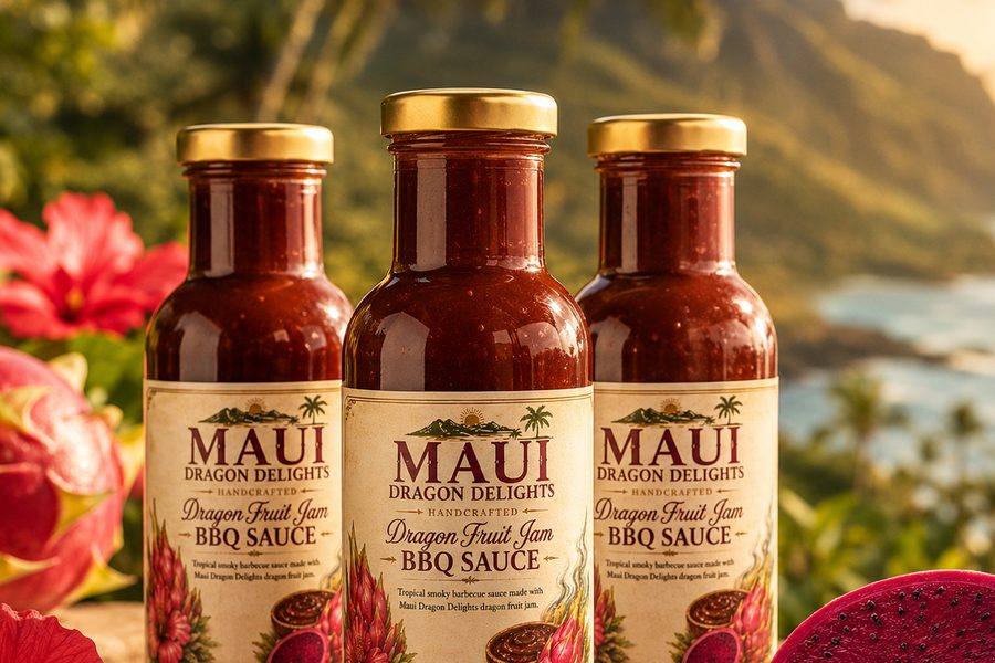 Bottles of Dragon Fruit Jam BBQ Sauce, the glaze in this recipe.