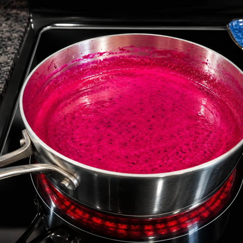 A saucepan of vivid magenta dragon fruit jam coming to a simmer.