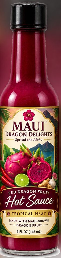 The 5 fl oz woozy bottle of Red Dragon Fruit Hot Sauce, deep magenta behind an illustrated label of dragon fruit, chiles and lime.