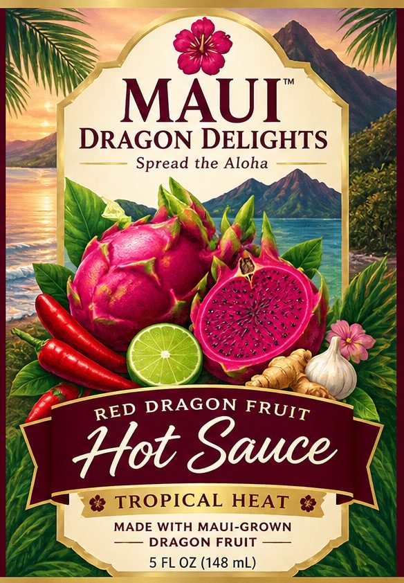 The front label of Red Dragon Fruit Hot Sauce: whole and halved dragon fruit with red chiles, lime, ginger and garlic against a painted Maui coastline.
