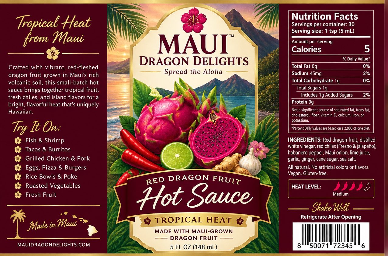 The full Red Dragon Fruit Hot Sauce label laid flat: a description panel and serving suggestions on the left, the illustrated front face in the centre, and nutrition facts, ingredients and heat level on the right.