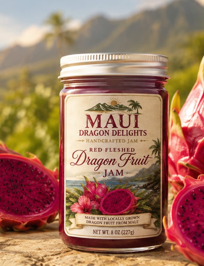 The 8 oz jar of Red Fleshed Dragon Fruit Jam, its illustrated label showing Maui mountains, hibiscus and dragon fruit.