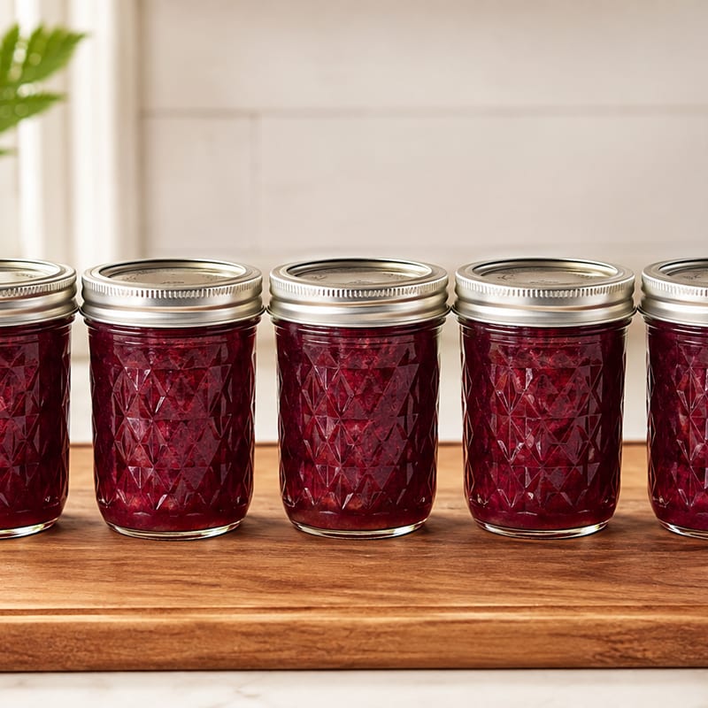 Finished jars of deep ruby dragon fruit jam cooling on a wooden board.