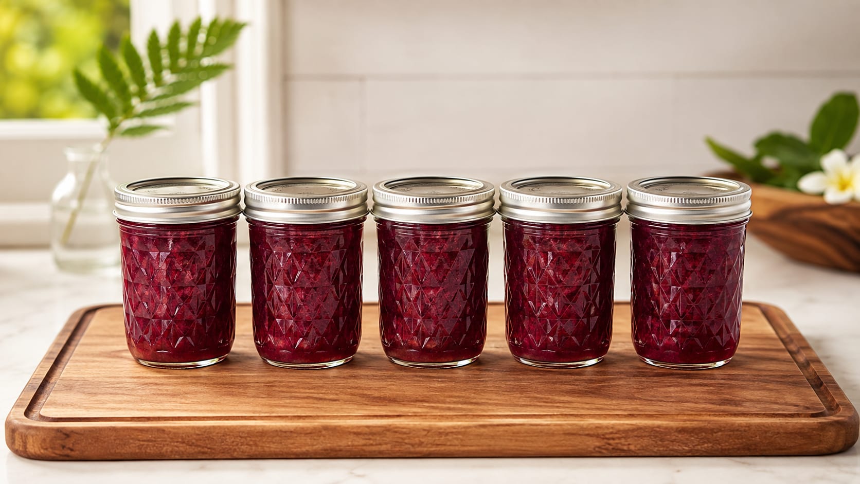 Jars of Maui Dragon Delights jam lined up on a wooden board.