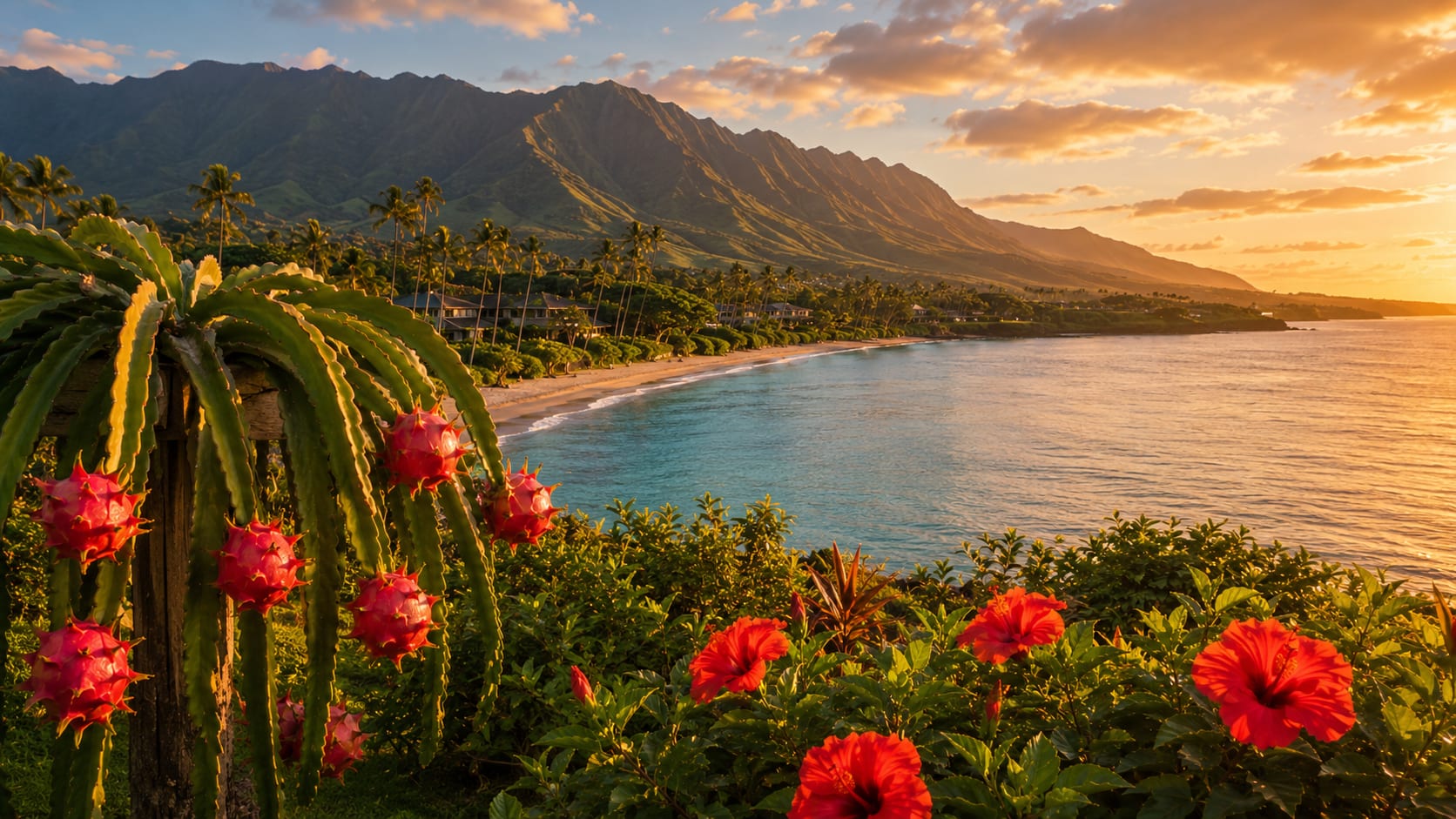 The West Maui mountains catching the last light above a calm turquoise bay.
