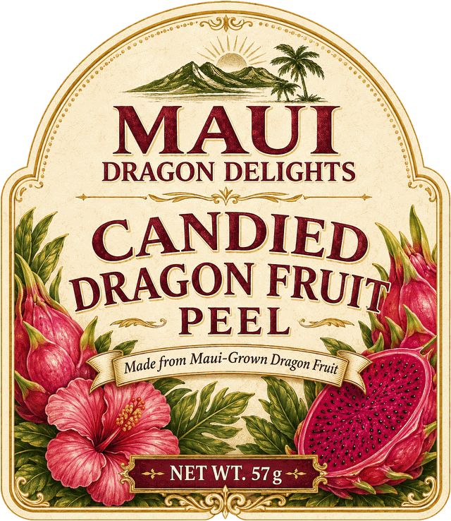 The front label for Candied Dragon Fruit Peel: an arched parchment card with painted hibiscus and dragon fruit, a Maui coastline above, and a banner reading made from Maui-grown dragon fruit.