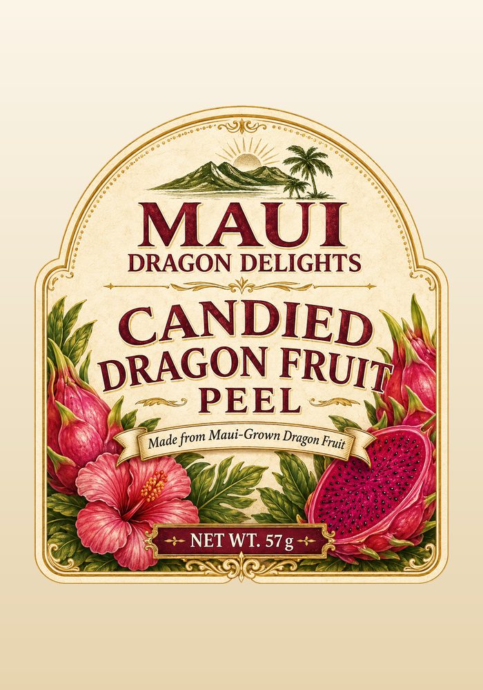 The arched label for Candied Dragon Fruit Peel, framed by painted hibiscus and dragon fruit.