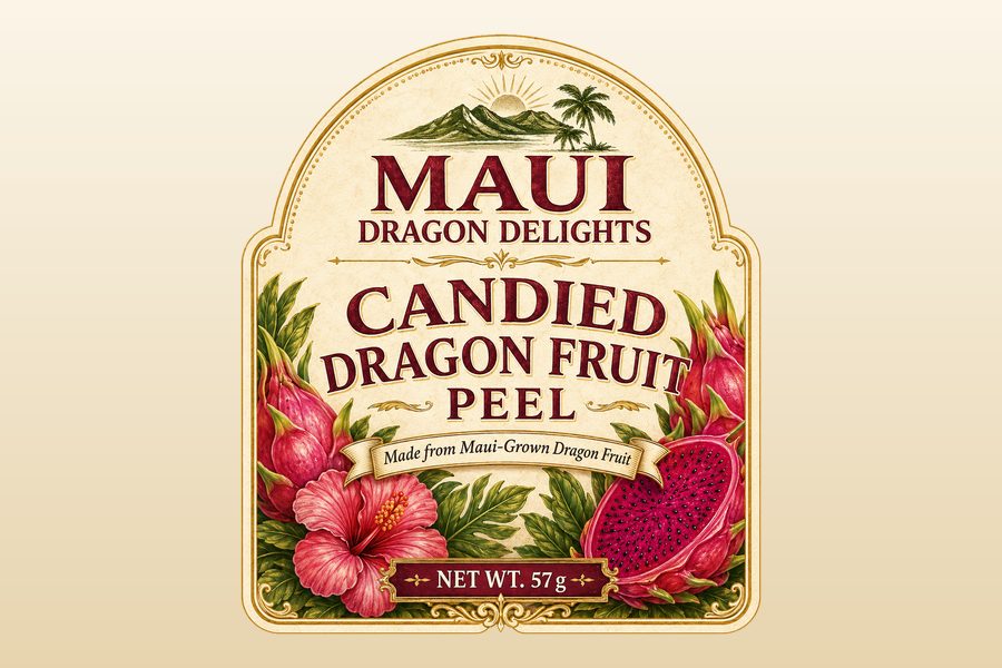 The Candied Dragon Fruit Peel label, the peel that becomes the relish in this recipe.