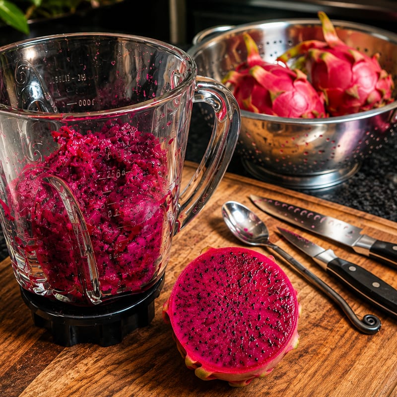 Ripe Maui dragon fruit in a colander beside a blender jug filled with magenta fruit.
