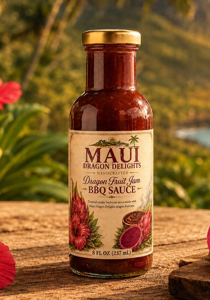 The 8 fl oz bottle of Dragon Fruit Jam BBQ Sauce on a weathered board.