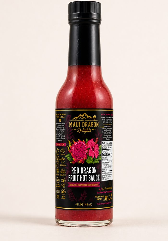 The 5 fl oz bottle of Red Dragon Fruit Hot Sauce, brilliant red behind a black and gold label.