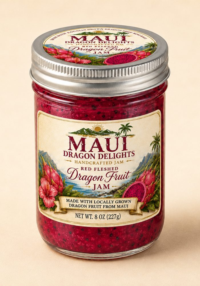 The 8 oz jar of Red Fleshed Dragon Fruit Jam, its illustrated label showing Maui mountains, hibiscus and dragon fruit.