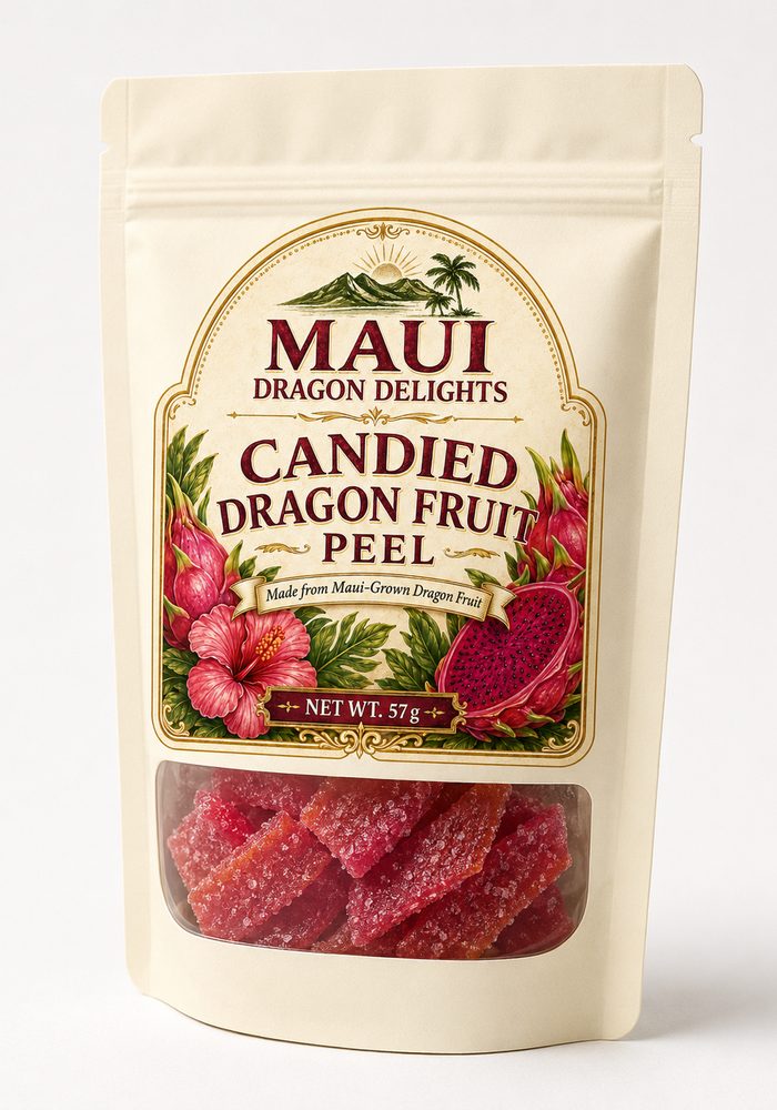 The stand-up pouch of Candied Dragon Fruit Peel, with a window showing the sugared pieces inside.