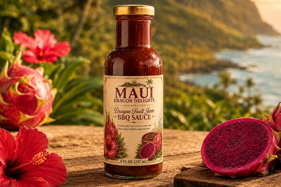 Bottles of Dragon Fruit Jam BBQ Sauce, the glaze in this recipe.