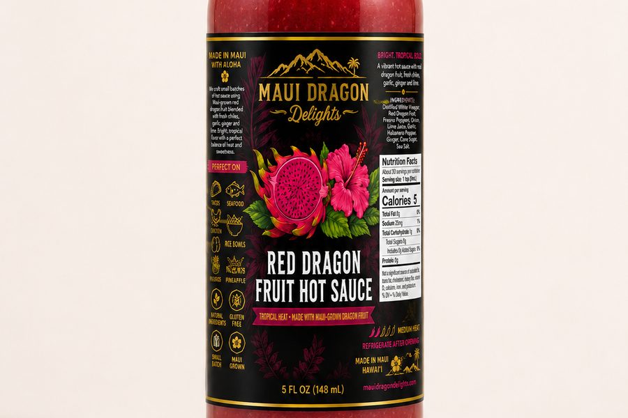 The bottle of Red Dragon Fruit Hot Sauce, the base of the glaze in this recipe.