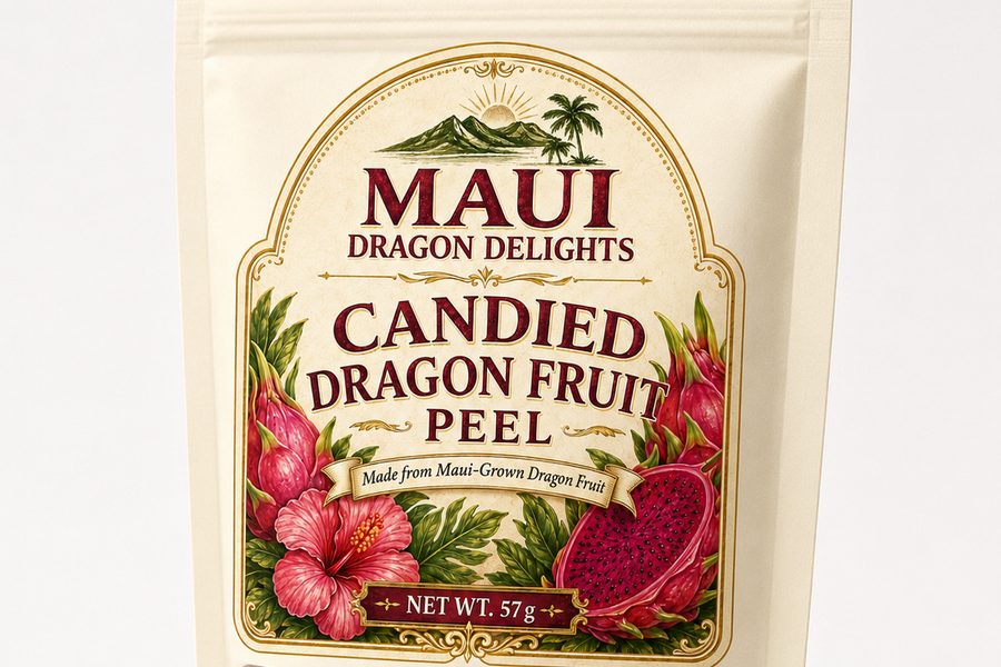 The pouch of Candied Dragon Fruit Peel, the peel that becomes the relish in this recipe.